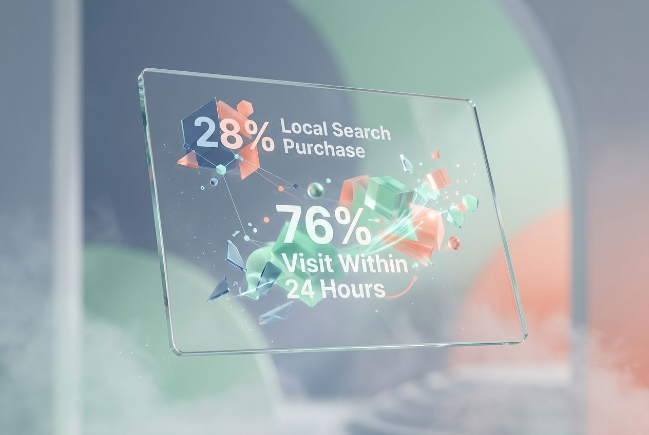 Abstract data art showing 28 percent local search purchase and 76 percent 24-hour visit rates