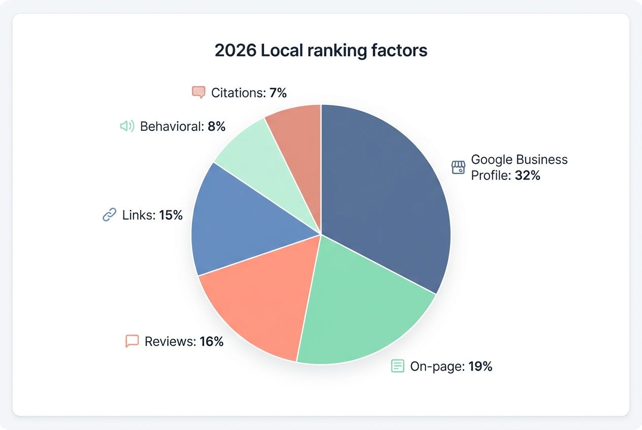A digital pie chart showing local SEO ranking factors like Google Business Profile at 32 percent