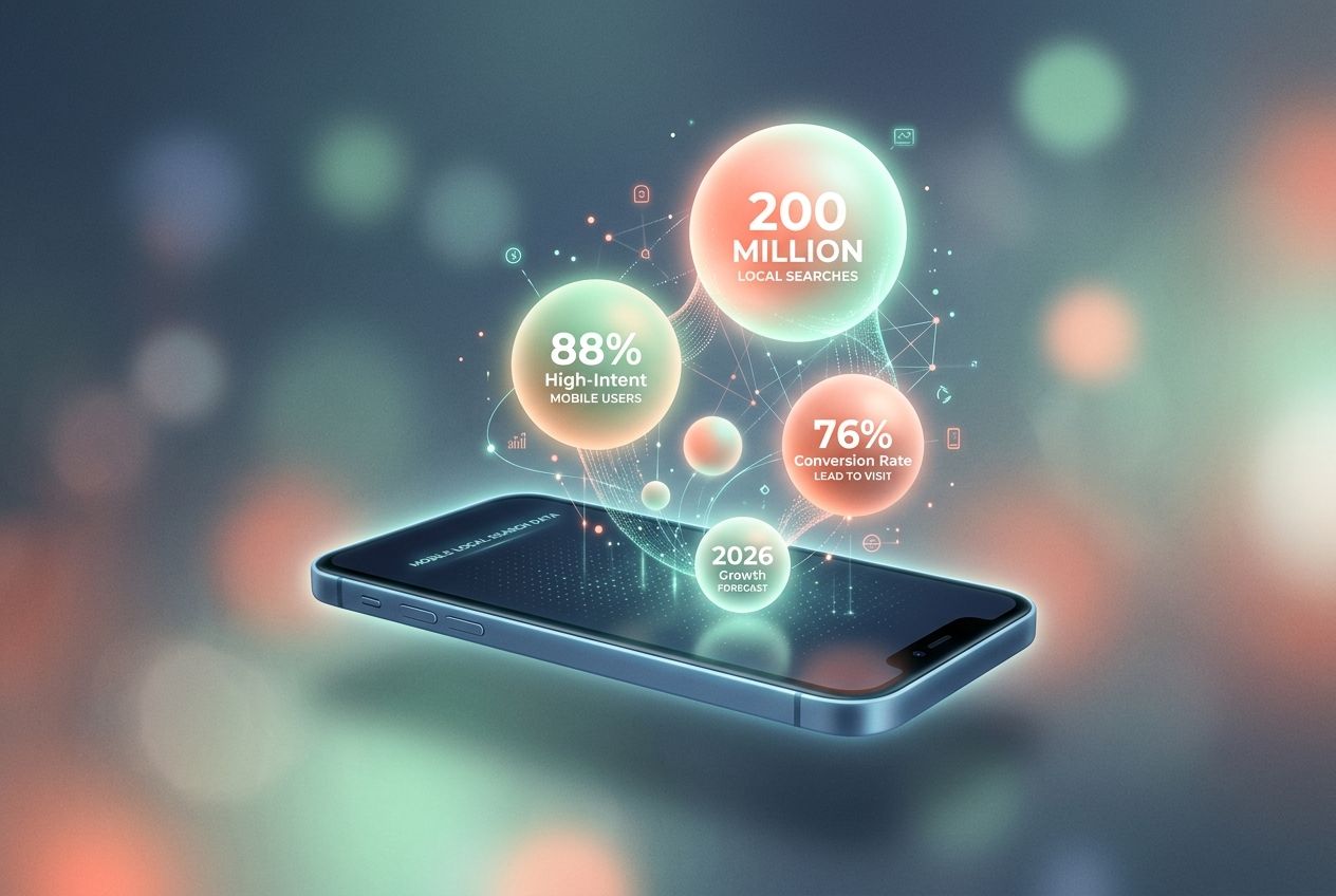 Conceptual data art showing 2026 local mobile search statistics