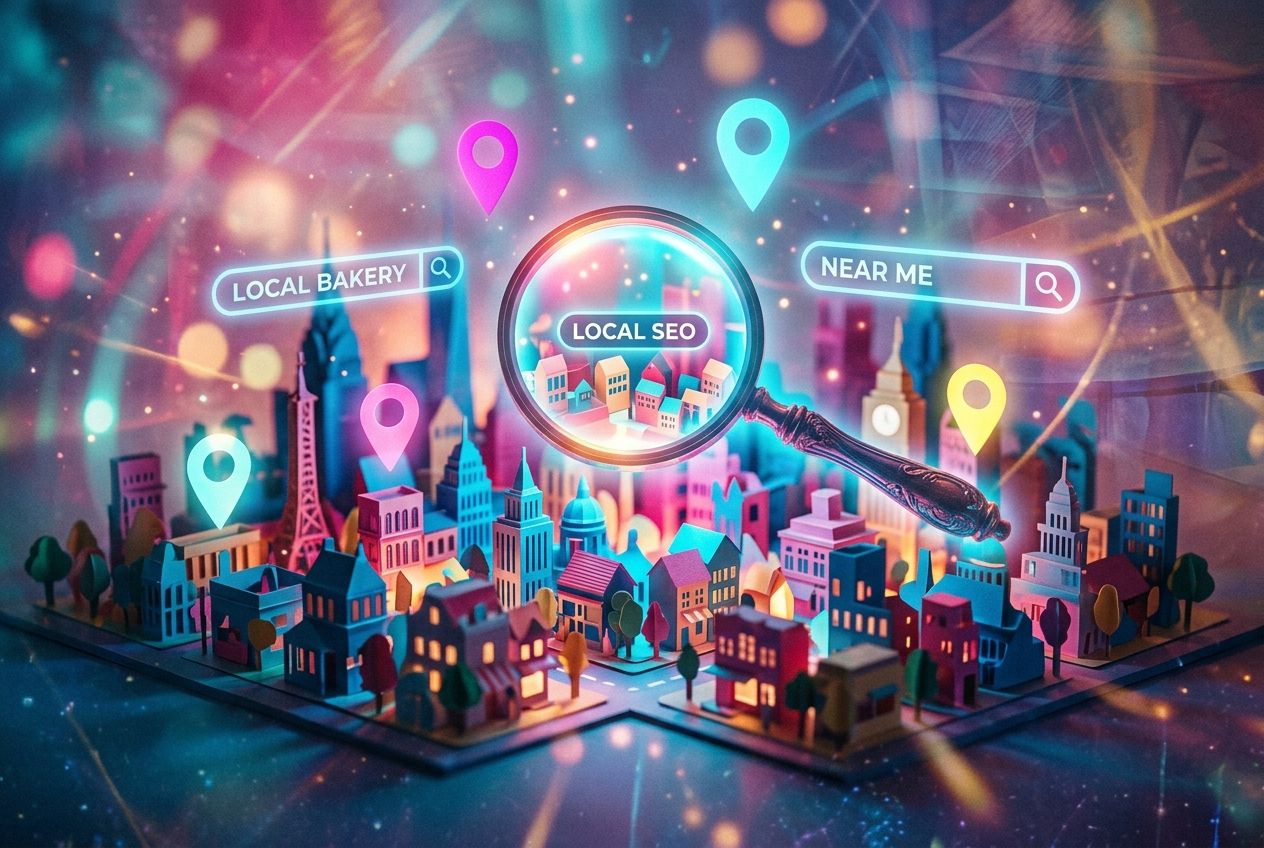 Conceptual artwork of a floating magnifying glass over a miniature city representing local SEO