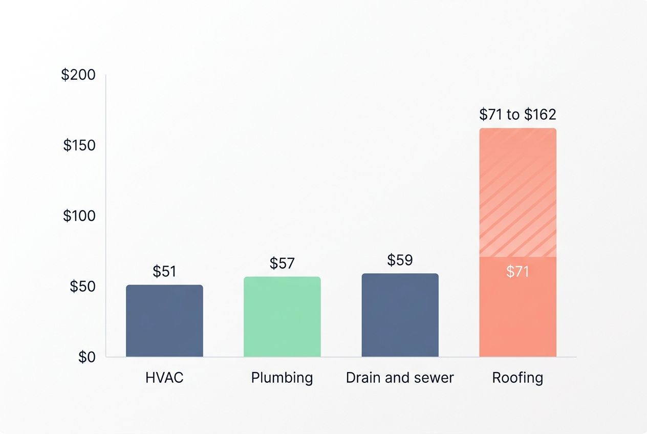Bar chart comparing average pay per lead costs for HVAC, plumbing, drain and sewer, and roofing