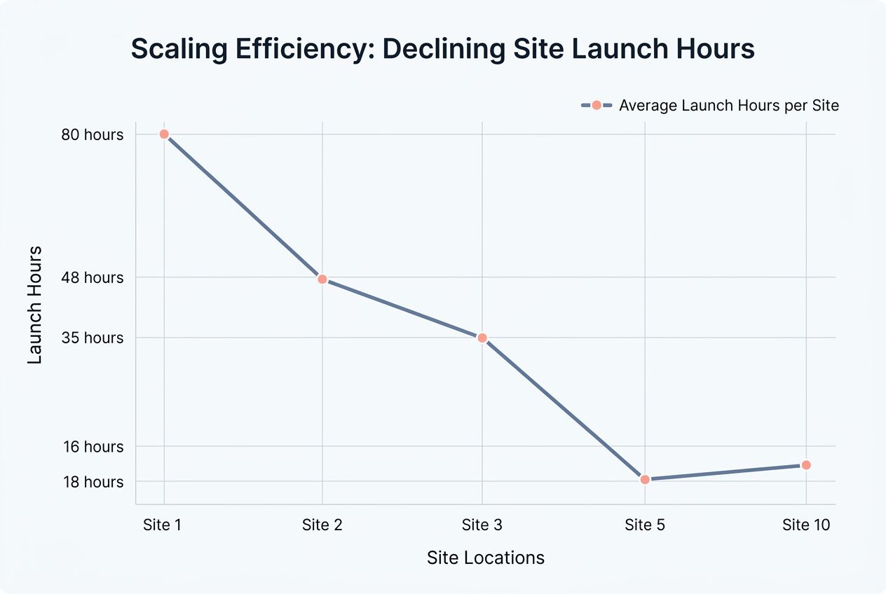 Line chart showing the decrease in onboarding hours as a local lead generation portfolio scales