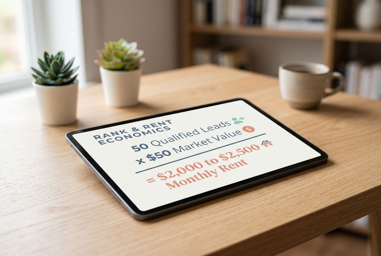 Typography graphic showing the rank and rent revenue formula for a local site