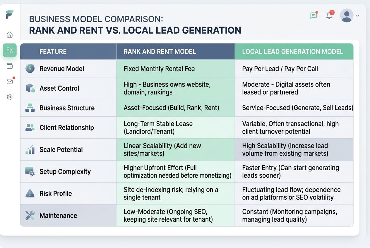 A comparison table of rank and rent versus local lead generation business models