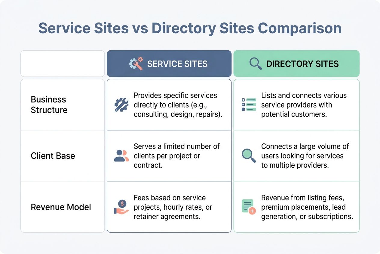 Comparison chart highlighting the differences between service sites and directory sites