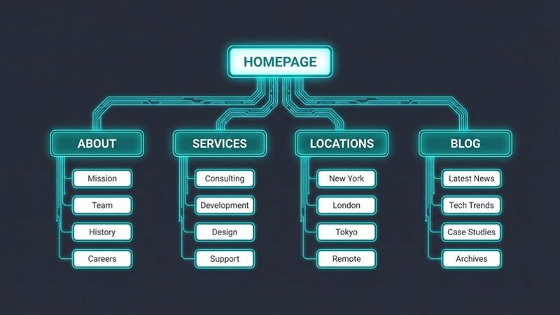 Website sitemap diagram showing organized structure with core pages at top flowing down to service pages location pages and blog content sections