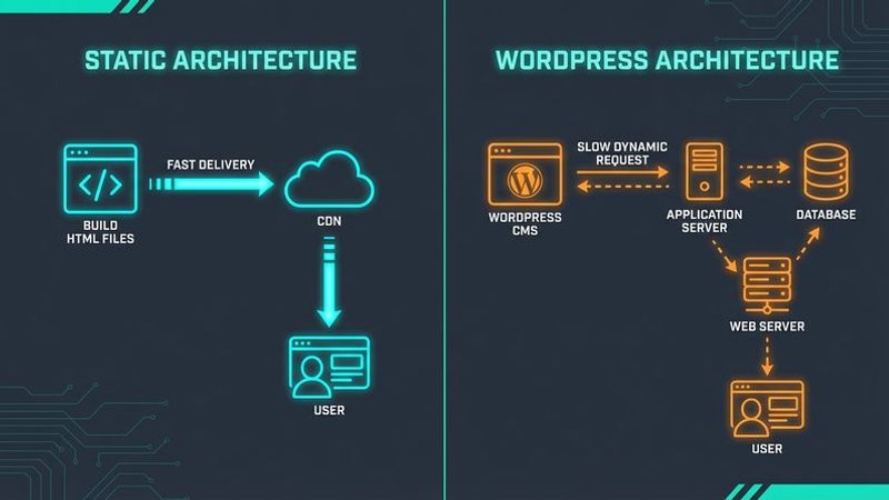 Diagram showing static site architecture with pre-built HTML files served directly from CDN edge locations compared to WordPress dynamic database queries