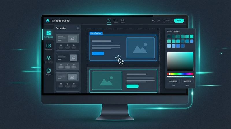 Template-based AI website builder interface showing preset layouts and color scheme options with drag-and-drop editing panel