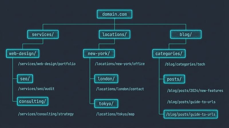 Website URL structure diagram showing clean hierarchical paths for service pages and location pages with proper hyphen formatting