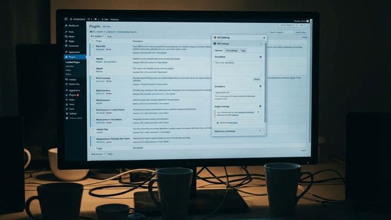 WordPress admin dashboard showing plugin management screen with SEO plugin options and content editing interface for local business website
